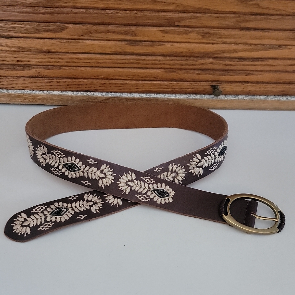 Lucky Brand Brown Belt with Cream Embroidery and Gold Buckle Small S
